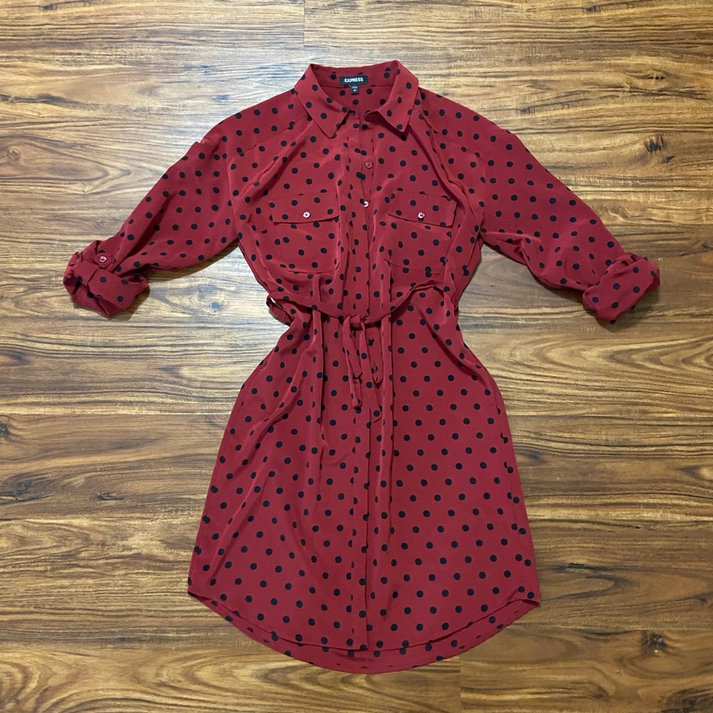 Express Red and Black Polka Dot Tie Waist Dress